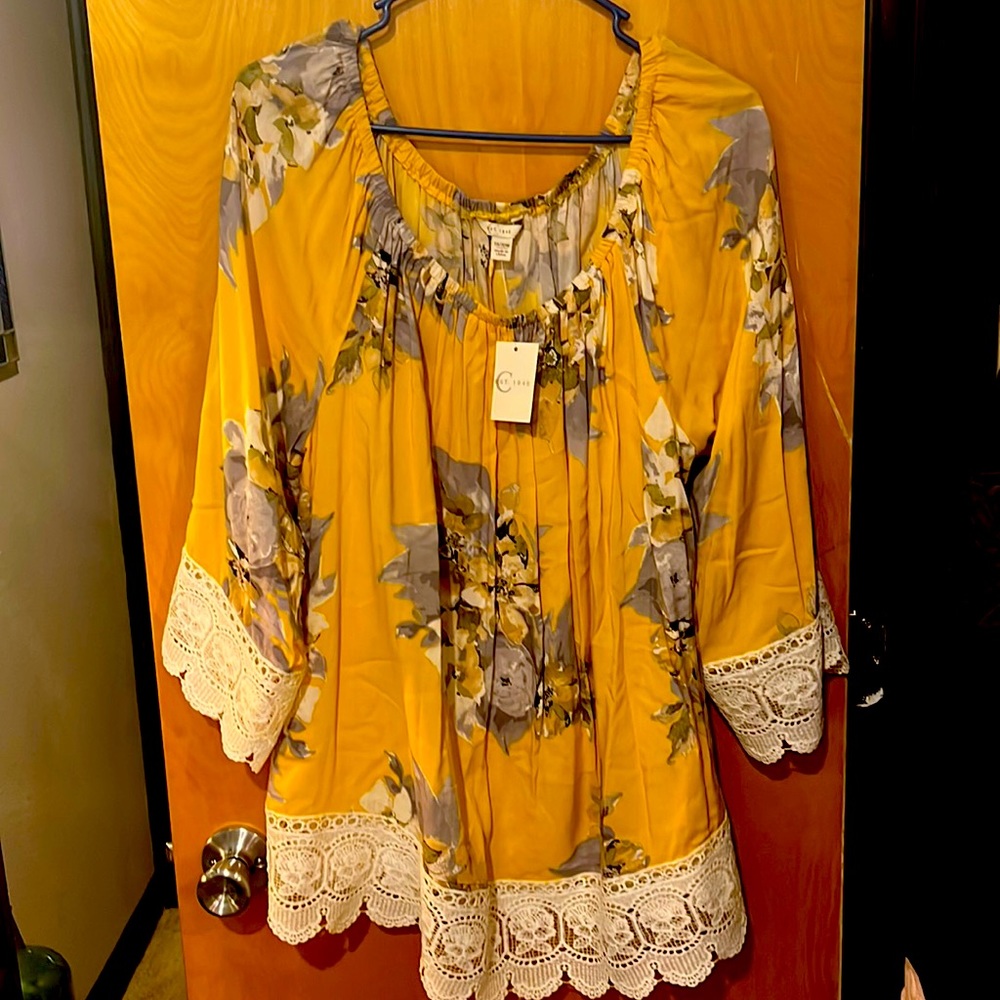Yellow floral off the shoulder, scallop laced cuffs and hem, women’s blouse.